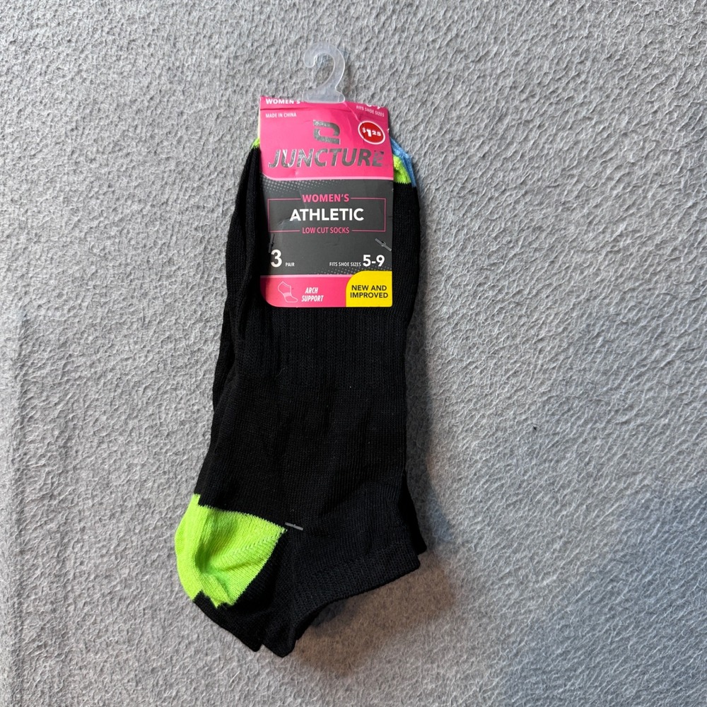 Juncture Socks Womens 5-9 Black Athletic Low Cut 3 Pair Arch Support Neon Accent